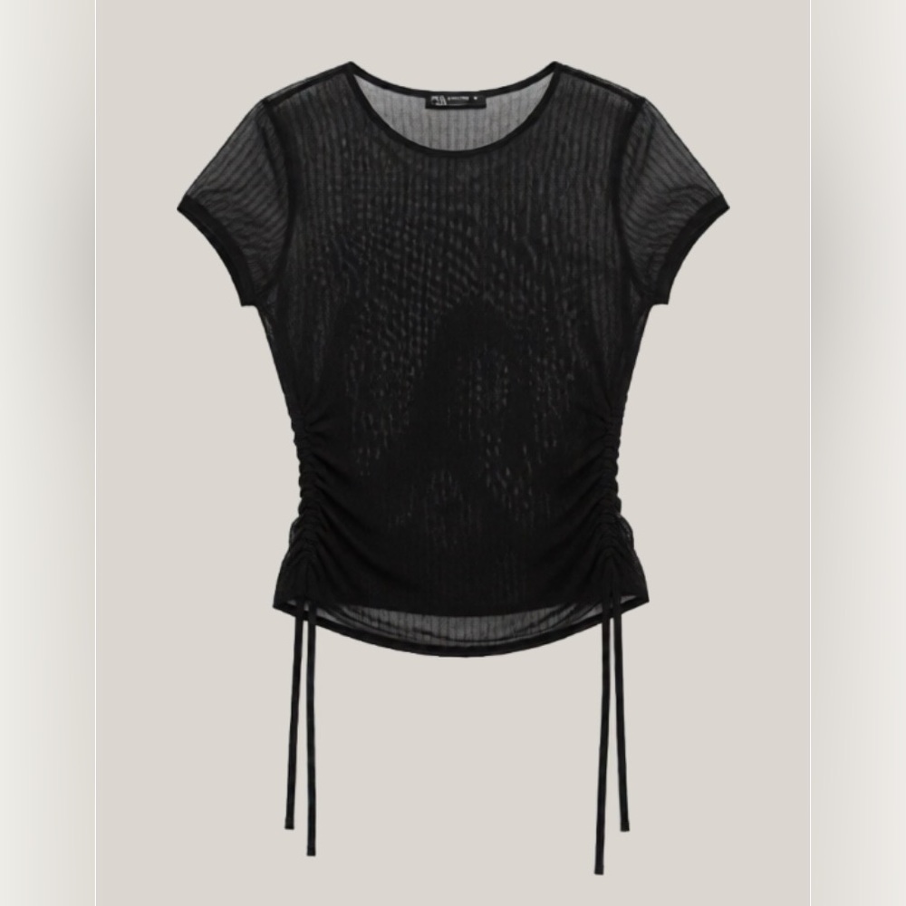 Black Sheer Mesh Top Ruched Side Ties Size XS